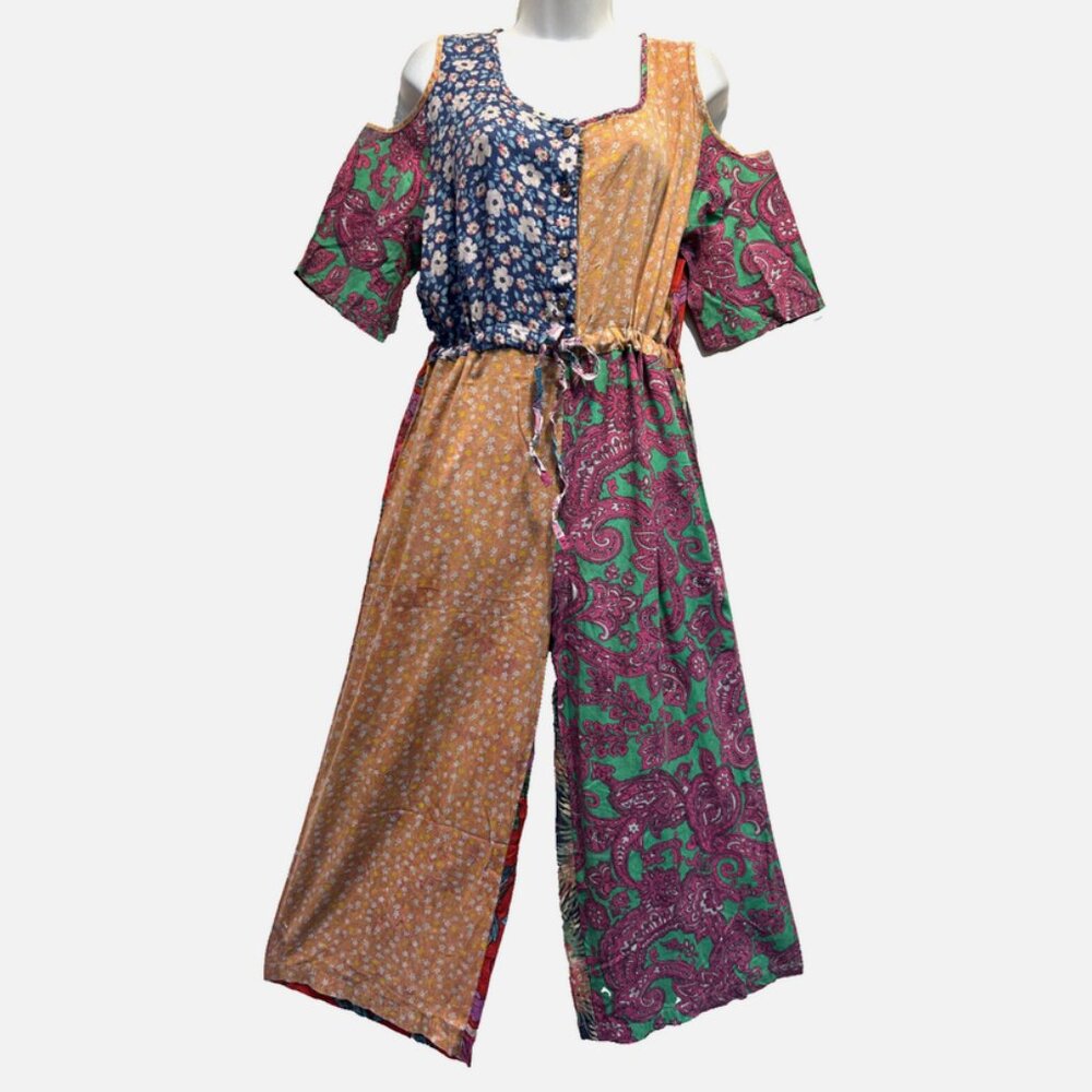 SACRED THREADS funky hippy boho patch rayon OVERALLS ROMPER JUMPSUIT JUMPER XL